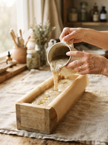 Hands gently pouring artisanal soap into a wooden mold in a sun-drenched workshop, soft focus on the texture of the liquid soap, raw linen background, warm editorial photography, soft sun-drenched natural light, macro texture, shallow depth of field, 35mm