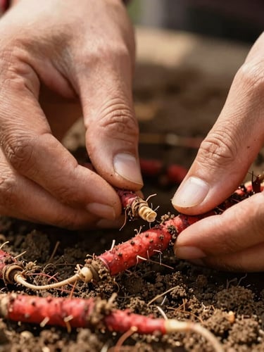 Close-up of hands carefully harvesting vibrant red Manjistha roots from rich soil, sun-drenched natural light, macro texture, shallow depth of field, 35mm.