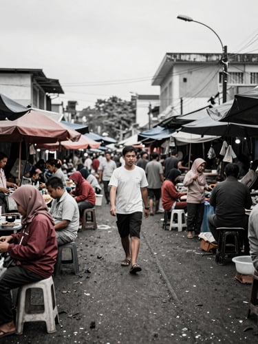 Wide environmental photojournalism shot of a busy urban Indonesian street market, natural ambient light, high-contrast desaturated tones, 35mm documentary style, capturing real human interactions.