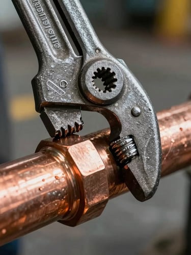 Tight macro close-up of a heavy-duty steel pipe wrench gripping a thick copper pipe fitting under bright work-light, industrial setting.