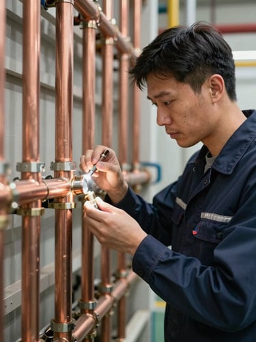 A professional technician in a clean navy uniform inspecting copper pipe fittings in a high-density building, sharp work-lights illuminating the joint.
