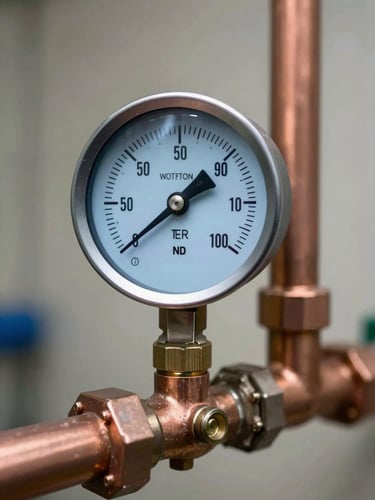 Close-up of a digital water pressure gauge connected to heavy-duty copper pipework, sharp focus on the dial, technical blue backlighting.