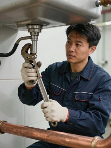 A professional plumber in a navy uniform using a pipe wrench on heavy copper pipes under a commercial sink, bright focused work light, industrial setting.