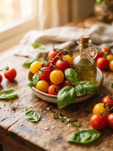 Warm editorial food photography, natural side window light, close-up of fresh basil, tomatoes, and olive oil on a rustic wooden table, shallow depth of field, 35mm