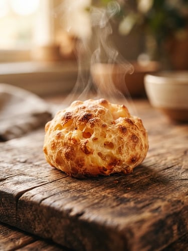 Close-up macro shot of a golden-brown Brazilian cheese bread steaming on a rustic wooden board, warm side window light, rich saturated tones.