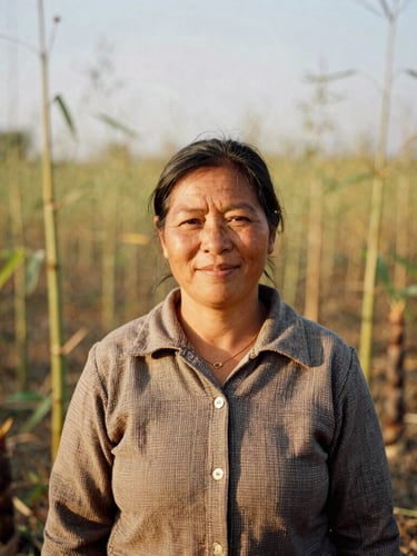 Candid eye-level portrait of a local community coordinator, a woman in her 40s, smiling warmly, wearing a simple woven shirt, standing in a field with young bamboo shoots in the background, natural warm golden-hour daylight, rich organic earth tones, shallow depth of field, 35mm film style.