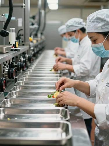 Vista lateral en perspectiva de una línea de ensamblaje de alimentos en una cocina industrial impecable, personal con cofias y tapabocas, bandejas metálicas alineadas con precisión.
