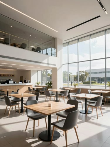 Wide-angle architectural photograph of a modern, pristine corporate cafeteria in Colombia, clean lines, bright daylight streaming through large windows, empty dining tables, high-end corporate design.