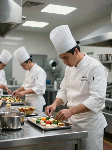 Amplia cocina industrial de alta tecnología con personal culinario profesional usando uniformes blancos impecables y equipo de protección completo, iluminación arquitectónica brillante y superficies de acero inoxidable.