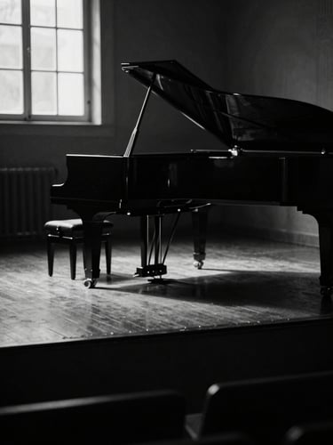 Moody cinematic photography of an empty scoring stage in Lisbon, high-contrast chiaroscuro lighting, deep shadows, desaturated monochrome tones, 35mm film grain, a grand piano in the background under soft window light.