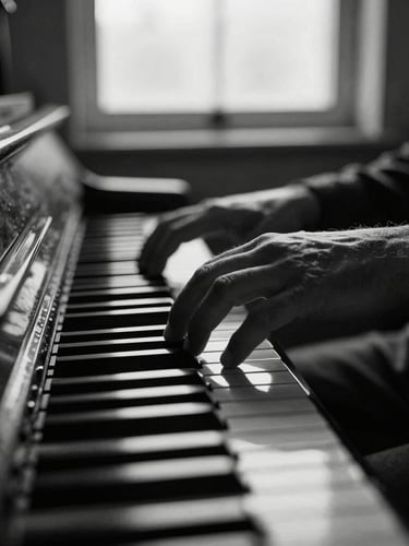 Moody close-up of a composer's hands resting on ivory piano keys in a dimly lit studio, soft chiaroscuro window light, desaturated monochrome tones