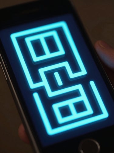Extreme close-up of a neon-lit mobile screen displaying vibrant cyan geometric shapes colliding in a physics-based puzzle game, dark studio setting