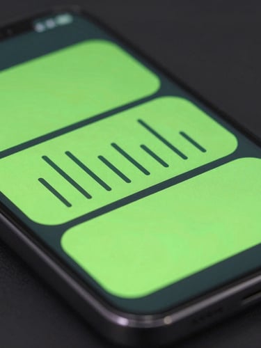 Extreme close-up of a dark Android device mockup displaying an interactive neon green widget. Crisp vector lines glow softly against a deep charcoal interface in a dark studio setting.