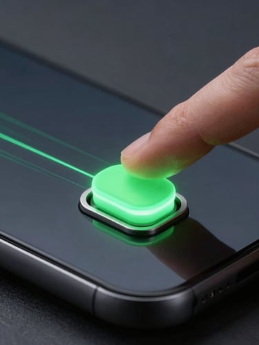 Macro shot of a thumb interacting with a glowing electric green toggle switch on a dark smartphone screen, sharp vector lines, dark studio lighting