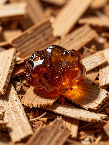 Macro shot of rich amber resin and dry cedar wood chips, warm directional golden hour lighting, sharp luxurious shadows, editorial perfumery photography