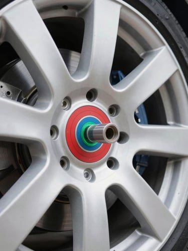 Macro close-up of a laser alignment target mounted on a clean vehicle wheel inside a brightly lit, professional diagnostic bay.