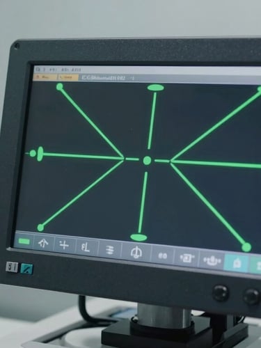 Macro shot of a high-tech digital wheel alignment machine screen showing green alignment calibration vectors, clean workshop environment