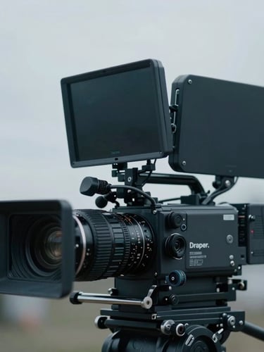 Close-up of a high-end cinema camera rig on an overcast day in Draper, shallow depth of field, cool low-saturation blue tones, cinematic 35mm composition.