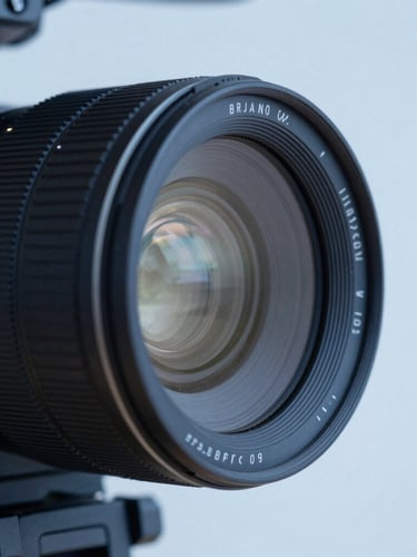 Extreme close-up of a high-end cinema camera lens reflecting soft overcast daylight in a minimalist studio, low-saturation blue tones.