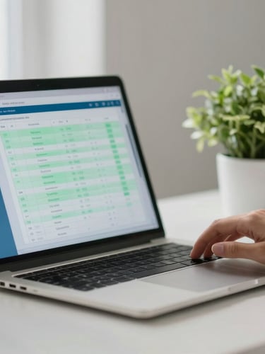 Portrait framing, bright diffused natural light, a clean and organized modern desk with a laptop displaying a blue and green ledger interface, a single green plant in a white pot, soft focus background.