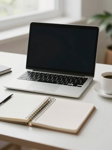 Straight-on clean shot of a modern organized desk with a laptop, a notebook, and a coffee cup, bright diffused natural light, subtle blue and green accents in the background, generous negative space.
