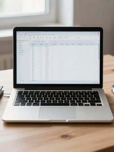 Straight-on shot of an organized modern desk, a laptop showing clean ledger spreadsheets, a blue notebook, and soft natural morning light, generous negative space.