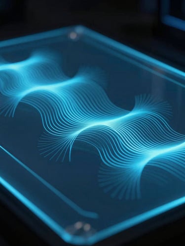Macro shot of physical interactive surface, a glowing glass screen with abstract vector haptic wave patterns, moody low-light studio setting, electric blue neon backlighting.
