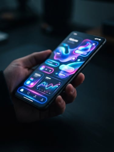 High-fidelity Android device mockup displaying fluid app interfaces, glowing screen illumination, deep shadows, neon accents, macro lens, high-contrast.