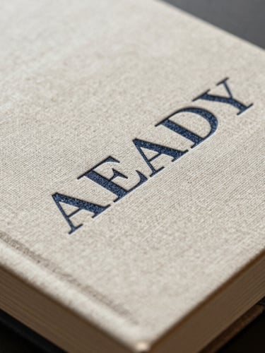 Macro shot of a physical debossed linen brand book with sharp technical typography, soft side shadows.