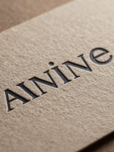 Extreme close-up macro shot of a debossed business card on textured warm taupe paper, soft natural side-lighting casting gentle shadows, showing sharp technical typography.