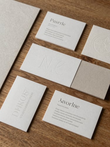 Overhead flat-lay of textured paper swatches, debossed business cards, and custom typography specimens on a warm oak studio table, soft directional side-lighting casting gentle shadows.