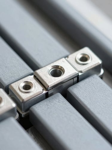 Extreme close-up macro shot of modular plastic conveyor belt hinges, cool crisp daylight, sharp focus on mechanical joints, steel gray tones.