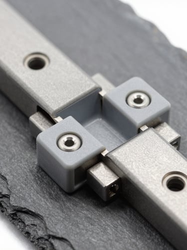 Close-up macro shot of modular plastic conveyor belt hinges, cool crisp studio lighting, slate gray and steel tones, sharp mechanical details