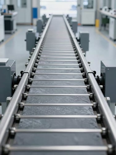 Straight-on architectural shot of a clean automotive testing facility, cool daylight, steel conveyor tracks visible, slate gray tones, sharp focus, 50mm