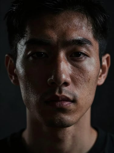 High-contrast close-up portrait of an artist with face obscured by deep shadows, moody low-key lighting, editorial crop