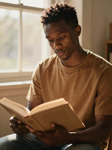 Intimate portrait of a proud young Black scholar reading an open book, warm golden-hour light filtering through a window, shallow depth of field, 35mm.