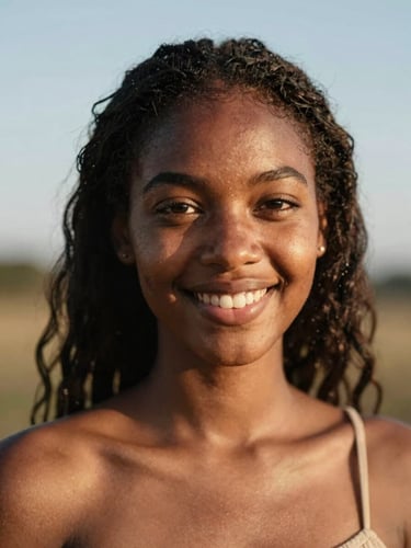 A warm, close-up portrait of a young woman of African descent smiling confidently in natural golden-hour sunlight, shallow depth of field, 35mm photography.