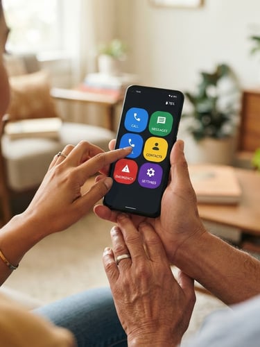 Over-the-shoulder shot of diverse hands holding a smartphone displaying a high-contrast, simplified Android interface with large tactile buttons, in a well-lit living room, soft natural daylight.