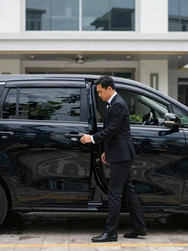 Professional chauffeur in formal attire opening the door of a black Toyota Innova Zenix, modern Batam landmark in the background, elegant lighting, 35mm