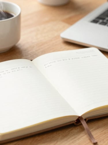 Warm close-up of a handwritten planner on a cozy wooden desk, next to a steaming cup of coffee and a laptop, soft natural morning light