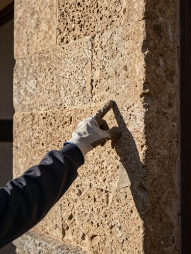 Documentary close-up of a worker's hand pointing to a freshly repointed stone joint on a Cádiz building facade, afternoon light illuminating the texture of the stone, work glove visible, no face shown