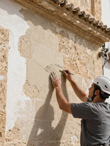 Close-up of a craftsman's hands pressing fresh mortar into a stone joint on a weathered Cádiz facade, natural daylight raking across the textured surface, trowel visible at the edge of frame
