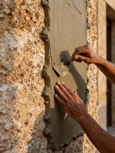 Close-up of a craftsman's hands applying fresh lime mortar to a weathered stone facade in Cádiz, golden afternoon light raking across the texture, raw stone visible to the left where old render has been removed, trowel edge catching the light