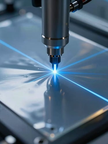 Extreme close-up of a high-tech laboratory test on polymer film, laser alignment lines, cool blue highlights, scientific precision, 35mm