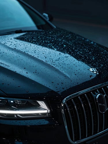 Extreme close-up of water sheeting off a pristine dark luxury car hood under moody high-contrast studio lighting, sharp neon teal reflections, macro detail, 35mm