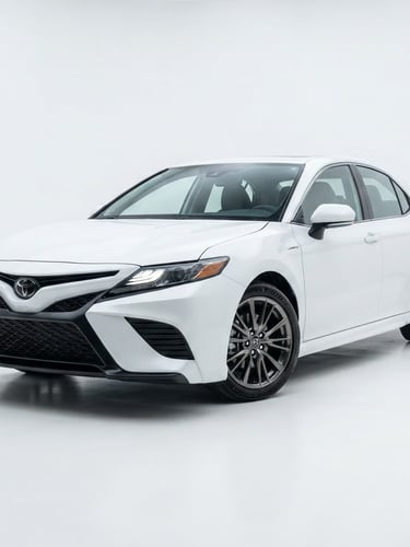Crisp automotive product photography of a new white Toyota Camry, front three-quarter view, high-key studio light, clean white background, sharp focus, 35mm