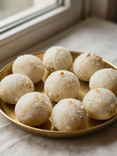 An overhead Hasselblad shot of traditional Godavari sweets like Pootharekulu and Ariselu arranged on a vintage brass platter, warm natural window light highlighting the delicate textures, soft ivory linen background.