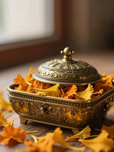 Close-up of a handcrafted brass kumkum box nestled in marigold petals, warm side-lighting, elegant editorial photography, Hasselblad medium format