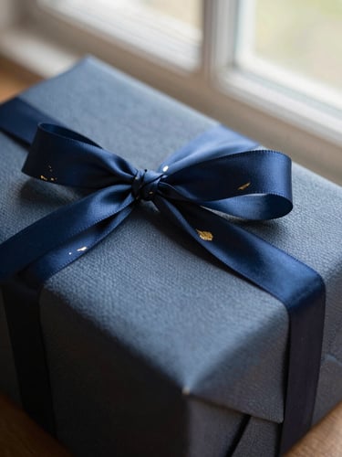 Close-up of premium textured gift box wrapped in deep indigo silk ribbon, gold foil leaf details, soft natural window light, Hasselblad medium format