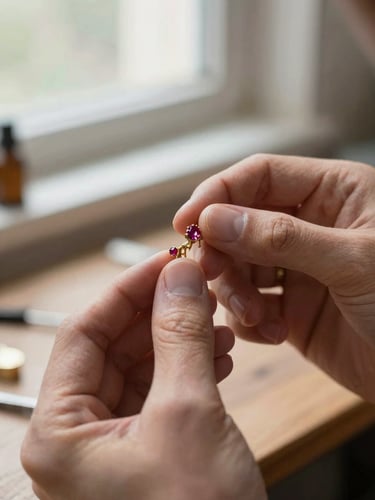 An artisan's hands carefully setting a tiny red ruby into a gold-plated antique earring, workshop background, soft natural light, macro editorial style